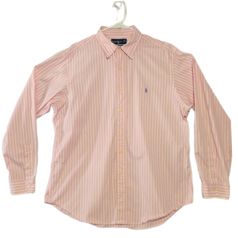 Ralph Lauren Button Down Shirt Men 17 XL Pink White Striped Classic Fit Cotton - Picture 1 of 6